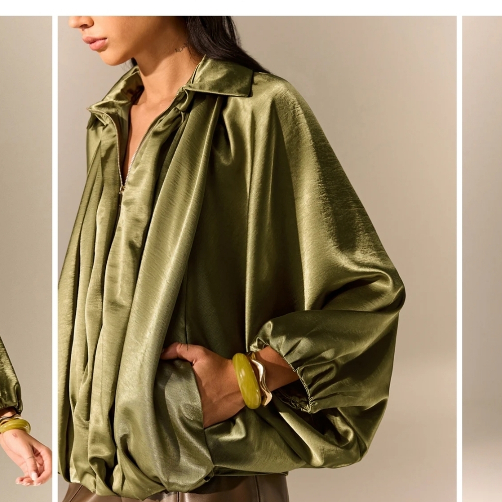 Olive Green Satin Oversize  Bombet Jacket. S.Small.